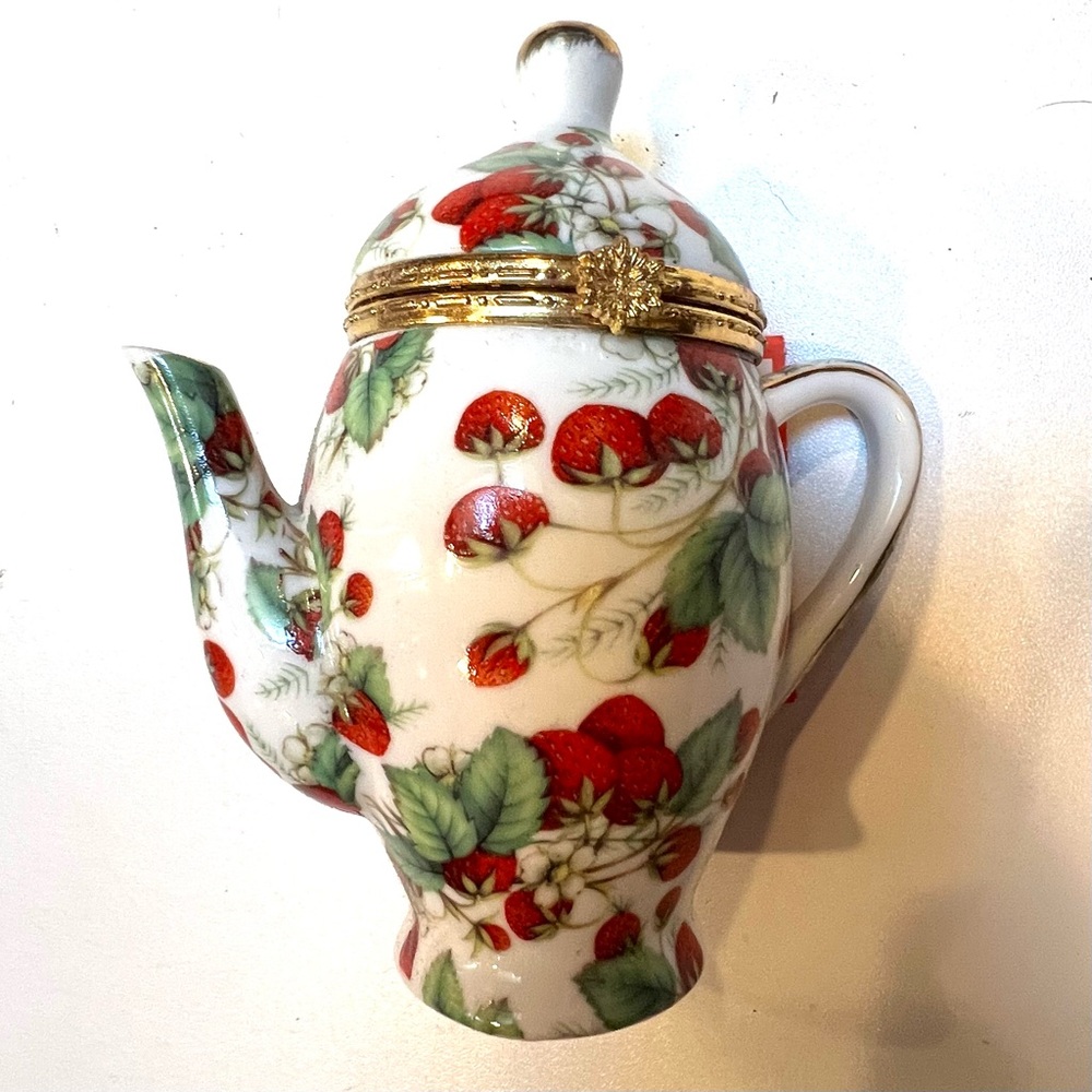 Tiny Strawberry Patterned Teapot with Gold Accent  porcelain